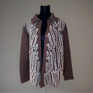 Japanese Jacket Top Sz L Brown All Over Pleats Button Up Lightweight Party Work